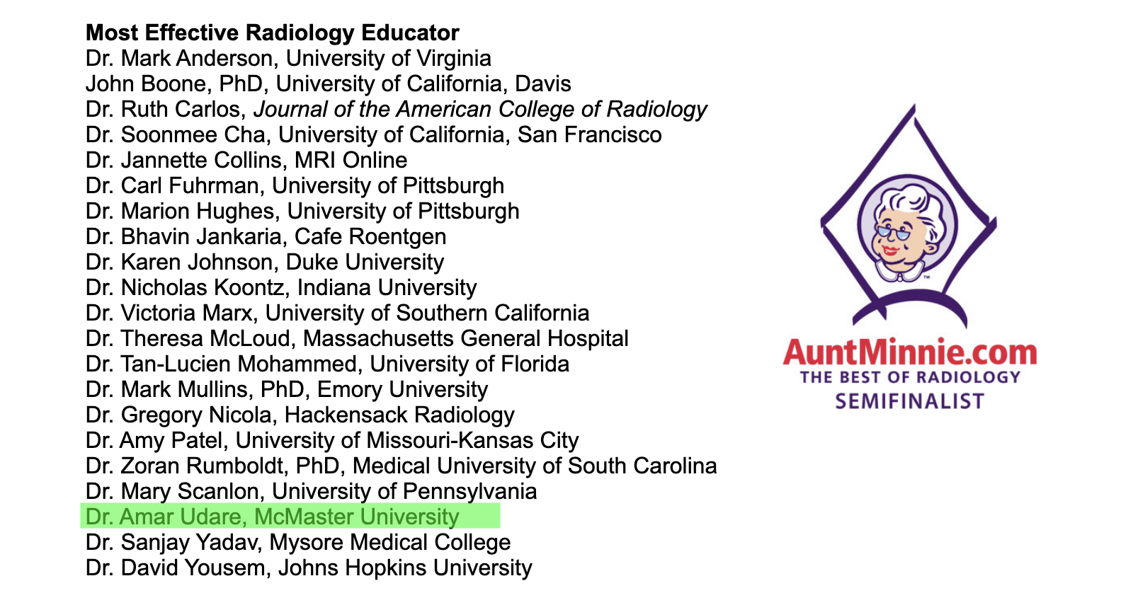 AuntMinnie Effective Radiology Educator 2020