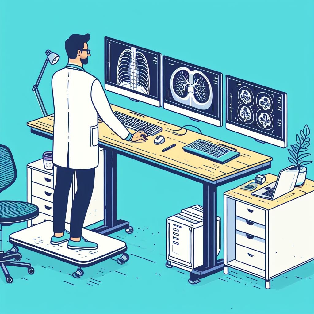 An image illustrating a radiologist working at a standing desk with multiple workstations. The monitors display various radiological illustrations.